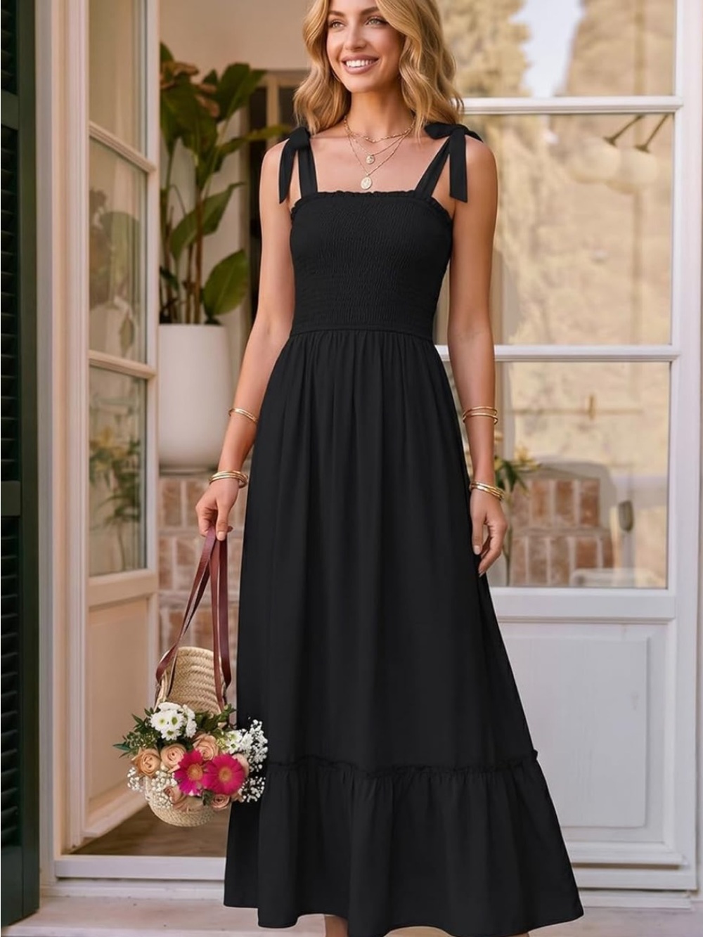 Boho Smocked Spaghetti strap Maxi Dress in Black